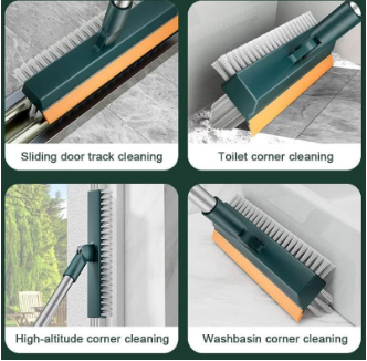 2 in 1 Cleaning Brush with Wiper – Long Handle Floor & Bathroom Scrub Brush | V-Shape Bristles, 120° Rotating Head, Wet & Dry Tile Cleaner for Home & Kitchen